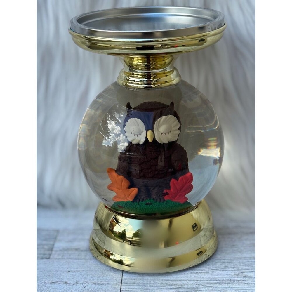 Bath and BodyWorks Fall Owl Water Globe 3 Wick Candle Holder Pedestal NEW!